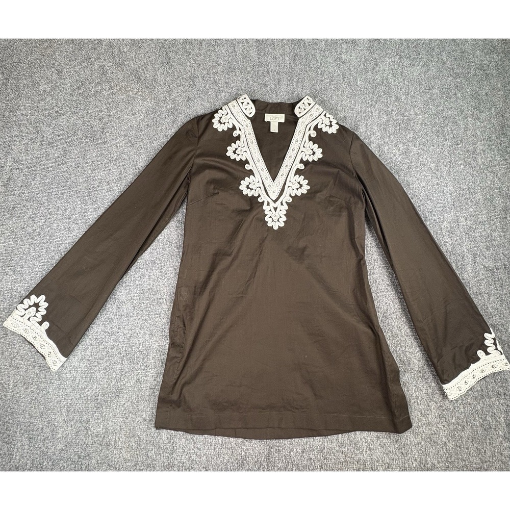 Ann Taylor LOFT Top Womens S Brown‎ Tunic Embroidered Sequin Boho Artsy Career